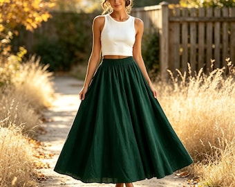 Gonna midi da donna autunnale in cotone e lino stile vintage – modello fluido – regalo per lei
