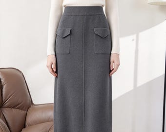 Gonna a vita alta in maglia di lana con tasche / Gonna midi invernale spessa e calda / Misto cashmere e lana / Comodo capo da donna fatto a mano
