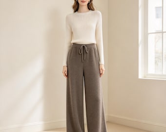 Pantaloni in maglia di lana australiana / Pantaloni invernali spessi e caldi / Vita alta con elastico in vita / Pantaloni da donna fatti a mano