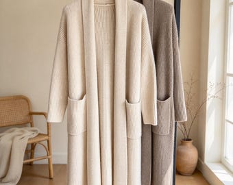 Cardigan da donna in lana a maglia grossa - Cappotto lungo oversize in maglia con cintura - Cappotto in lana / Capospalla invernale caldo