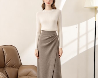 Gonna a vita alta in maglia di lana con spacco / Gonna midi invernale spessa e calda / Misto cashmere e lana / Comodo capo da donna fatto a mano