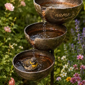 May include: A three-tiered metal bird bath fountain with a dark, weathered finish. Water cascades from the top bowl, which features the engraved word name, into the middle and bottom bowls. A small bird with yellow and gray feathers sits in the water.