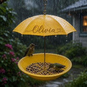 Puede incluir: Un comedero para pájaros amarillo con forma de paraguas y el nombre Olivia impreso en la cubierta. Cuenta con un poste central, una bandeja circular llena de semillas y dos pequeños pájaros posados en el borde bajo la lluvia.