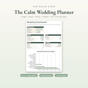 Peut inclure: Tableau de bord numérique The Calm Wedding Planner pour Excel et Google Sheets. L'interface affiche un Wedding Dashboard avec des sections pour les détails, le budget, les tâches, les invités et les paiements, ainsi qu'un graphique à barres.