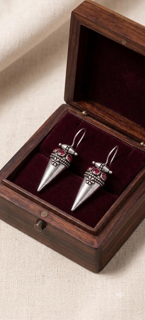 Oxidized Silver Cone Dangle Earrings, Ruby Red Stone, Floral Embossing, Boho Ethnic Jewelry