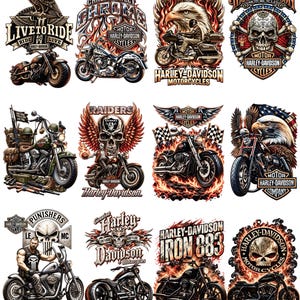 May include: A collection of twelve graphic designs featuring Harley-Davidson motorcycles, skulls, eagles, flames, and military themes. Each design incorporates text such as Live to Ride, Raiders, Iron 883, and Harley-Davidson Motor Cycles in various fonts.