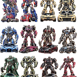 May include: A collection of twelve Transformers robot figures, each paired with its corresponding vehicle mode. The set includes various robotic characters in blue, red, yellow, black, green, and metallic finishes, displayed alongside their car counterparts.