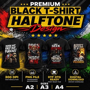 Op de afbeelding: Een digitale collectie van vier zwarte t-shirtontwerpen met halftoonafbeeldingen. De ontwerpen bevatten een schildpad met de tekst MAYBE NOT FAST BUT FURIOUS, een leeuw in pak met BOSS MODE ON, een figuur met I DON'T SEEK REVENGE en een persoon met ACCEPT THE PAIN ENJOY THE PROGRESS.