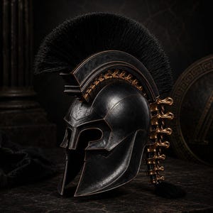 May include: A black Spartan-style helmet featuring a prominent black crest made of stiff bristles. The helmet is accented with metallic gold detailing along the crest base and a spine-like structure extending down the back of the neck guard.