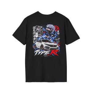 May include: A black short-sleeve t-shirt featuring a graphic print of a white Honda Civic Type R FK8 car surrounded by blue lightning. Above the car is an anime character with silver hair and a mask, accompanied by Japanese text and red accents.