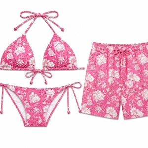 May include: A matching set consisting of a triangle bikini top with halter ties, bikini bottoms with side ties, and a pair of swim trunks. All pieces feature a vibrant pink background with a white floral and botanical print pattern throughout.