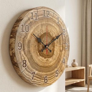 May include: A round wall clock featuring a natural wood grain pattern resembling a tree cross-section. The clock face displays white Arabic numerals from 1 to 12 with dark brown outlines. It includes two black ornate hands and a thin red second hand.
