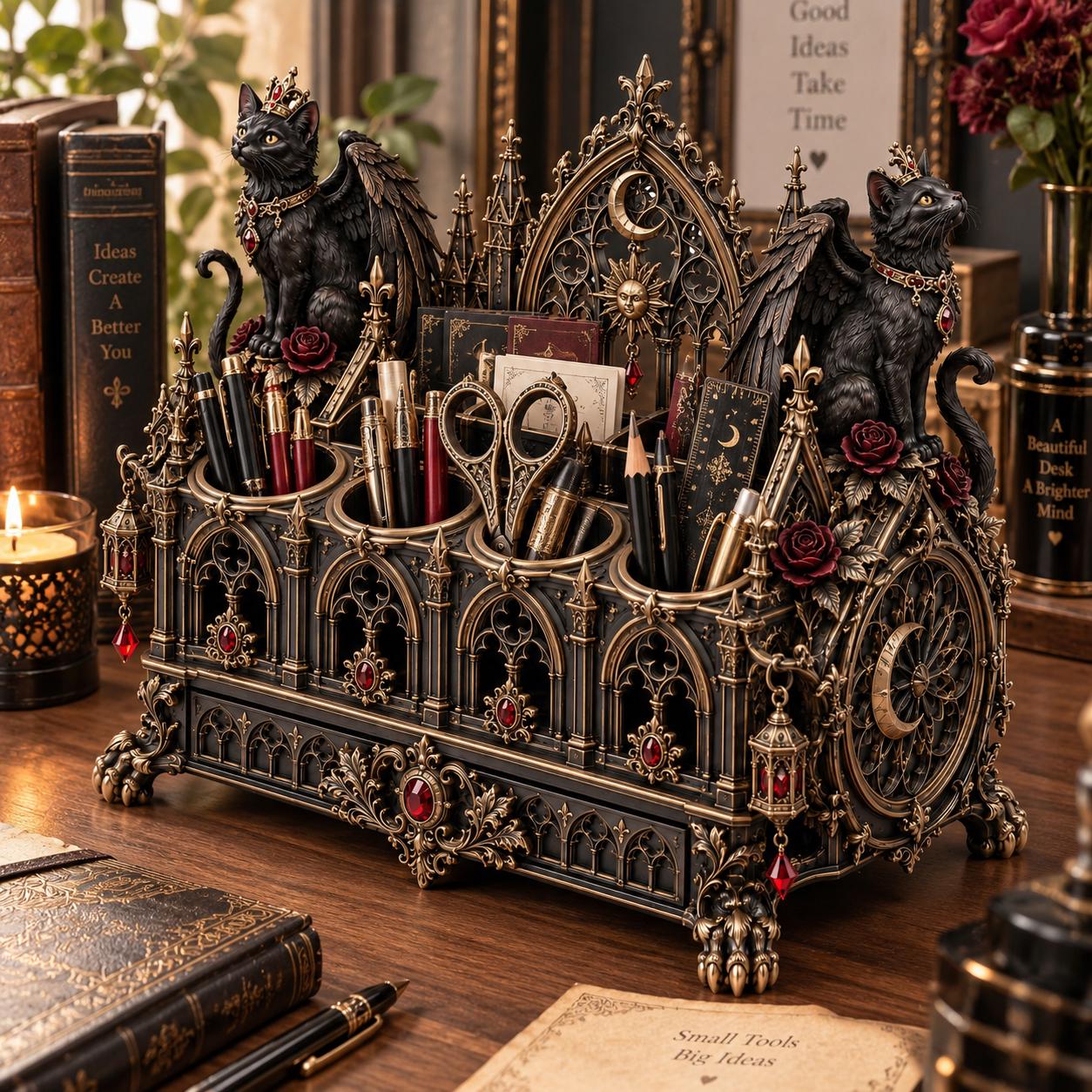 Gothic Cat Desk Organizer STL Fantasy Pen Holder 3D Print File