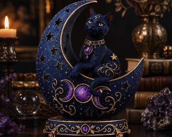 May include: A dark blue cat figurine sits perched on a textured crescent moon sculpture. The moon features gold filigree, star cutouts, and a central purple triple moon symbol. The cat wears a gold collar with a purple gem and a matching headpiece.