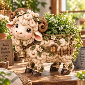 May include: A cream-colored sheep-shaped planter with brown curled horns, a gold-toned bell around its neck, and a small wooden fence detail on its side. The sheep is adorned with white flowers and green leaves, holding a lush green plant.
