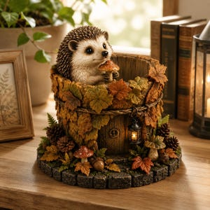 May include: A decorative planter shaped like a tree stump featuring a hedgehog holding a mushroom. The exterior is adorned with sculpted autumn leaves, pinecones, and a small lantern hanging by a wooden door, all set on a stone-textured base.