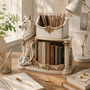 May include: A cream-colored desk organizer featuring a sculpted wolf figure adorned with gold-toned filigree and a central gem. The unit includes a top compartment for pencils and a lower shelf holding four books, all accented with ornate gold trim.