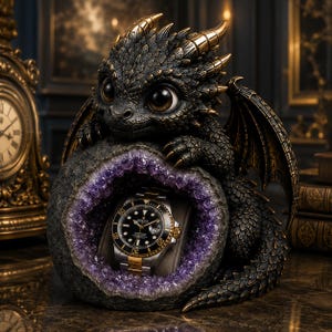 May include: A black and gold dragon figurine with large eyes and textured scales, perched atop a circular amethyst geode. Inside the hollow centre of the purple crystal geode sits a silver and gold wristwatch with a black dial and a date window.