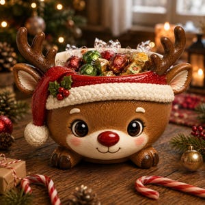 May include: A ceramic reindeer bowl featuring a brown face with large eyes, a red nose, and antlers. The bowl is adorned with a red Santa hat with a white textured brim and holly berries, filled with assorted foil-wrapped candies.