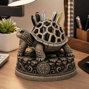 May include: A gray stone-textured turtle desk organizer featuring a hollow, hexagonal-patterned shell designed to hold pens and pencils. The turtle stands on a circular base decorated with ornate scrollwork and a central wheel-like emblem.