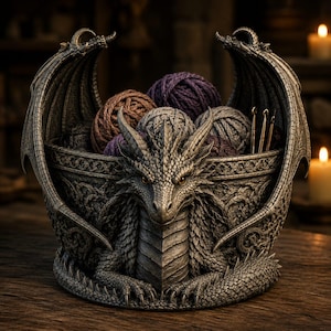 May include: A gray, stone-textured dragon bowl featuring an intricate, sculpted dragon head and wings wrapping around the sides. The bowl is filled with several balls of yarn in shades of brown, purple, and gray, along with three metallic crochet hooks.