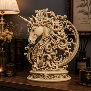 May include: A cream-colored unicorn bust sculpture featuring intricate scrollwork, swirling mane details, and floral accents. The unicorn is depicted in profile with a spiraled horn, set upon a decorative circular base with ornate carvings.