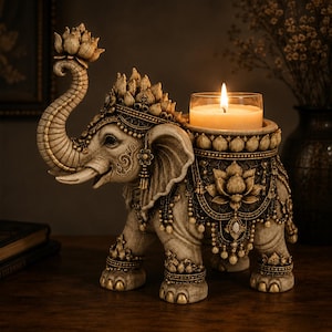 May include: A decorative elephant figurine candle holder in a weathered stone finish with gold-toned accents. The elephant features an ornate headpiece, a lotus flower on its trunk, and a saddle with hanging beads holding a lit glass candle.