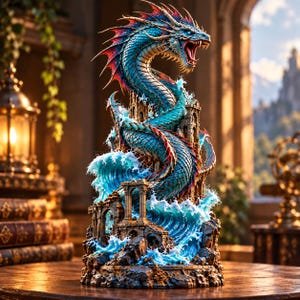 May include: A detailed sculpture of a serpentine dragon with iridescent blue and red scales, coiled around crumbling stone ruins. The dragon has an open mouth with visible teeth, and the base features crashing ocean waves in bright blue.