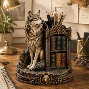 Pode incluir: Um organizador de mesa com um lobo esculpido em cinza e marrom sentado ao lado de uma estante em miniatura. A prateleira contém seis pequenos livros intitulados The Art of Focus, Mindful Work, Daily Notes, Ideas & Plans, Sketch Book e Thoughts. Há uma pegada de pata no topo.