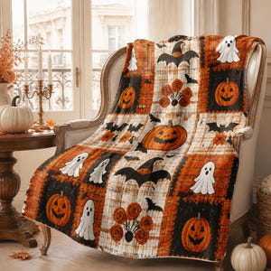 Könnte beinhalten: Eine weiche Wohndecke mit Patchwork-Design aus abwechselnden orangefarbenen und schwarzen Quadraten. Das Muster zeigt Illustrationen von weißen Geistern, orangefarbenen Kürbissen, schwarzen Fledermäusen und orangefarbenen Rosen auf Karomuster.