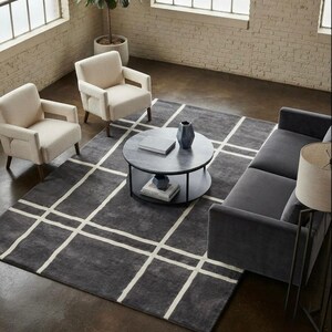 Hand-Tufted Wool Area Rug, Dark Grey Grid Pattern, Modern Geometric Checkered Rectangle Rug