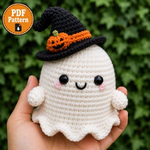 Haakpatroon voor een spookje zonder naaien (PDF), Halloween amigurumi met heksenhoed, pompoen herfstdecoratie, digitale download