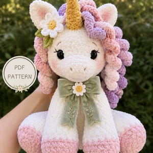 Crochet Unicorn Pattern PDF | Boho Sitting Amigurumi with Daisy Flower & Velvet Bow | Pastel Rainbow Mane Plush Toy | Digital Download