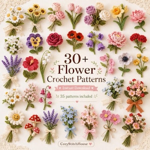 30+ Crochet Flower Patterns Bundle, PDF Amigurumi Flower Bouquet Applique, Easy Beginner Crochet, Instant Download