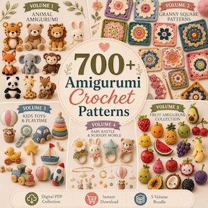 Puede incluir: Una colección digital de más de 700 patrones de ganchillo Amigurumi organizados en cinco volúmenes. La imagen muestra varios artículos tejidos, incluyendo animales, cuadrados de la abuela, juguetes, sonajeros y frutas.