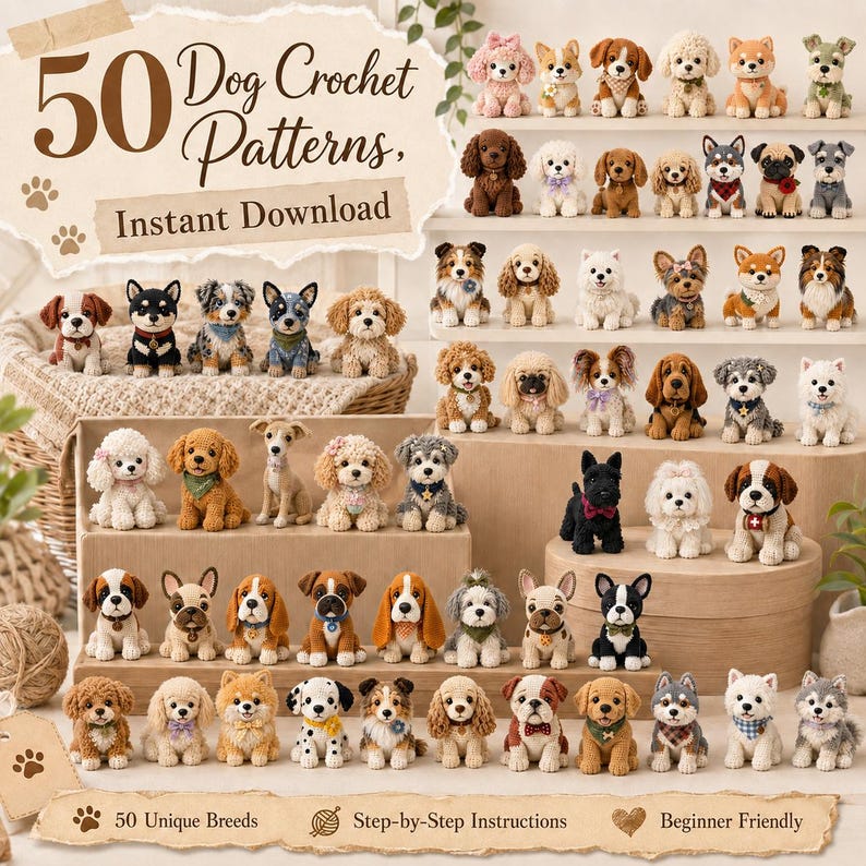 Op de afbeelding: Een verzameling van 50 kleine, handgemaakte gehaakte hondenfiguurtjes in diverse rassen en kleuren, uitgestald op gelaagde planken. De afbeelding bevat de tekst 50 Dog Crochet Patterns, Instant Download, 50 Unique Breeds, Step-by-Step Instructions.