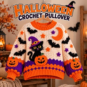 Op de afbeelding: Een crèmekleurige gehaakte trui met een zwarte kat met een paarse heksenhoed, oranje pompoenen, zwarte vleermuizen en paarse en oranje sterren. De tekst HALLOWEEN CROCHET PULLOVER staat in oranje en zwarte letters boven de trui.