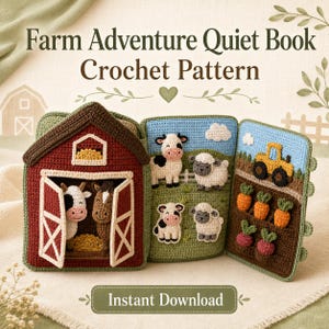 Può includere: Un libro tranquillo all'uncinetto intitolato Farm Adventure Quiet Book Crochet Pattern. Il libro presenta un fienile rosso con una mucca e un cavallo, una pagina con una mucca e una pecora, e una pagina con un trattore giallo, carote arancioni e ravanelli rosa.