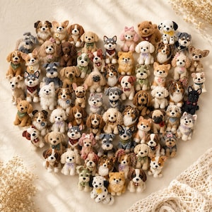 Op de afbeelding: Een grote verzameling kleine, handgemaakte gehaakte hondenfiguurtjes gerangschikt in een hartvorm. De miniatuur pluche dieren hebben verschillende rassen, kleuren en patronen, waarbij sommige kleine accessoires dragen zoals strikjes, sjaals of halsbanden.