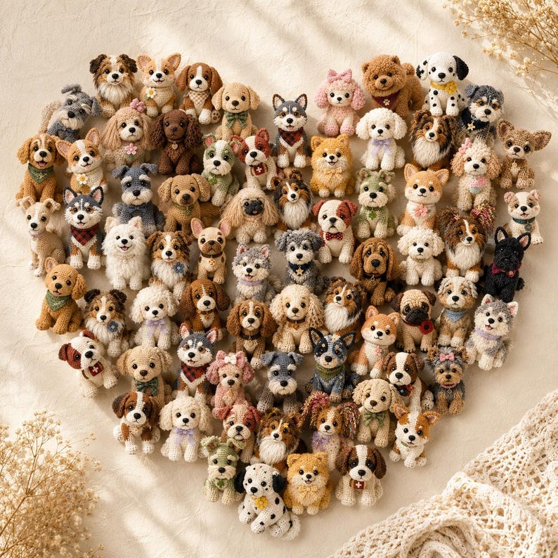 Op de afbeelding: Een grote verzameling kleine, handgemaakte gehaakte hondenfiguurtjes gerangschikt in een hartvorm. De miniatuur pluche dieren hebben verschillende rassen, kleuren en patronen, waarbij sommige kleine accessoires dragen zoals strikjes, sjaals of halsbanden.