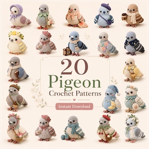 Op de afbeelding: Een verzameling van 20 gehaakte duivenfiguren in een raster, elk met unieke accessoires zoals hoeden, sjaals en tassen. De centrale tekst luidt 20 Pigeon Crochet Patterns en Instant Download in een duidelijk donker lettertype.