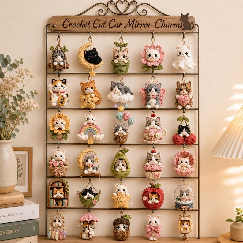 May include: A metal display rack with the text Crochet Cat Car Mirror Charms holds thirty unique, small, crocheted cat ornaments. Each handmade piece features a different cat character in various settings, including flowers, fruits, moons, and stars.