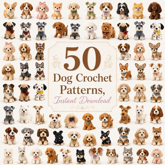 Crochet Dog Pattern Bundle, 50 Amigurumi Dog Patterns PDF, Puppy Breed Crochet Pattern, Beginner Easy Digital Download