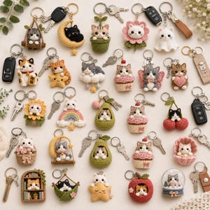 May include: A collection of various crocheted cat keychains featuring diverse designs including cats in flowers, fruits, cupcakes, stars, moons, rainbows, and shells, each attached to a metal keyring, some with keys or car fobs included.