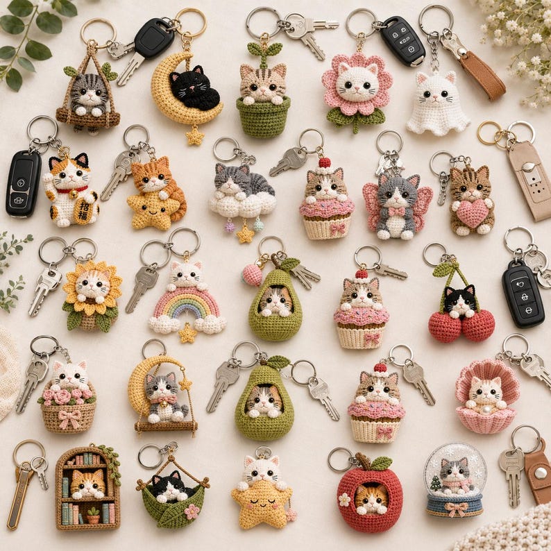 May include: A collection of various crocheted cat keychains featuring diverse designs including cats in flowers, fruits, cupcakes, stars, moons, rainbows, and shells, each attached to a metal keyring, some with keys or car fobs included.