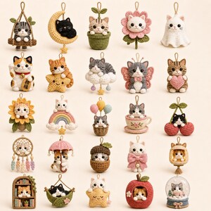 May include: A collection of twenty-five small, crocheted cat ornaments featuring various designs including cats on moons, in flowers, inside fruit, holding hearts, and sitting in baskets, each with a small loop for hanging on a light-colored background.