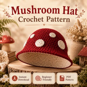 May include: A crochet mushroom hat pattern featuring a deep red cap with white circular spots and a cream-colored underside. The text reads Mushroom Hat Crochet Pattern, Instant Download, Beginner Friendly, and PDF Pattern.