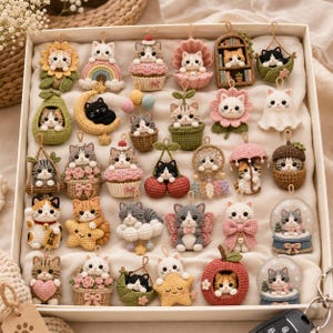 May include: A collection of small, handcrafted crochet cat ornaments arranged in a box. The set features various kittens integrated into designs like sunflowers, cupcakes, moons, cherries, stars, mushrooms, and snow globes, each with unique colors.