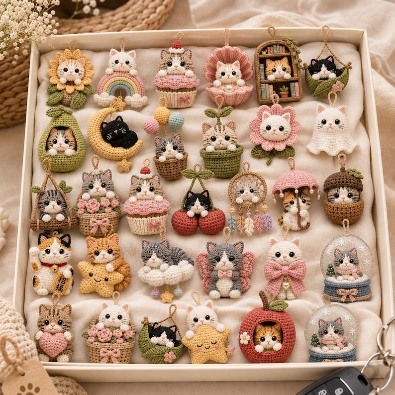 May include: A collection of small, handcrafted crochet cat ornaments arranged in a box. The set features various kittens integrated into designs like sunflowers, cupcakes, moons, cherries, stars, mushrooms, and snow globes, each with unique colors.