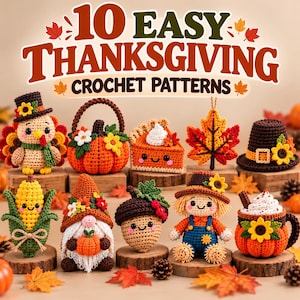 Op de afbeelding: Een verzameling van tien gehaakte Thanksgiving-figuren, waaronder een kalkoen, pompoenmand, stuk taart, esdoornblad, pelgrimshoed, maïs, kabouter, eikel, vogelverschrikker en pompoenmok, met de tekst 10 EASY THANKSGIVING CROCHET PATTERNS.